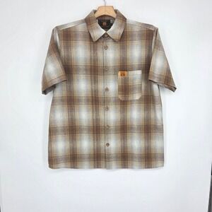 FB County Mens Brown Plaid Checker Shirt Short Sleeve Button Down Streetwear M